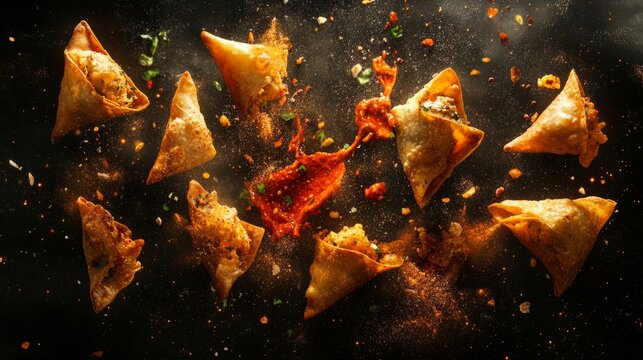 samosas floating in the air, surrounded by splashes of chutney and specks of spice; generative ai
