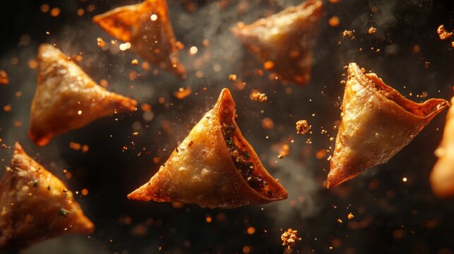 samosas floating in the air, surrounded by splashes of chutney and specks of spice; generative ai