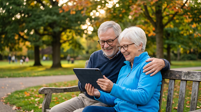 Happy Senior Couple Using Digital Tablet on Park Bench in Autumn While Enjoying Technology, Nature and Retirement Lifestyle