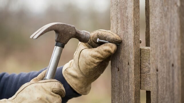 Close up of a worker using a hammer to drive a nail into a wooden fence post for home improvement and DIY repair projects