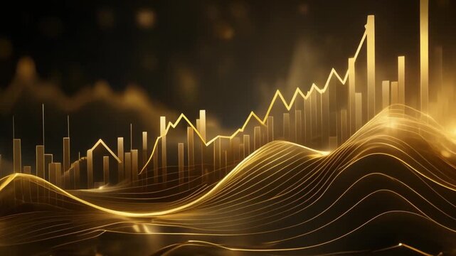 Graphical Data Visualization Flowing Waves and Rising Bars in Golden Digital Landscape