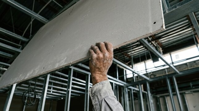 Construction worker installing drywall panel on metal stud ceiling frame in commercial building renovation project