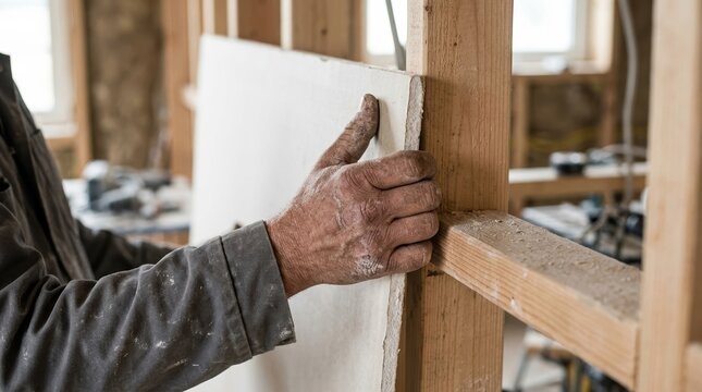 Construction worker installing drywall panel on wooden wall frame during home renovation project