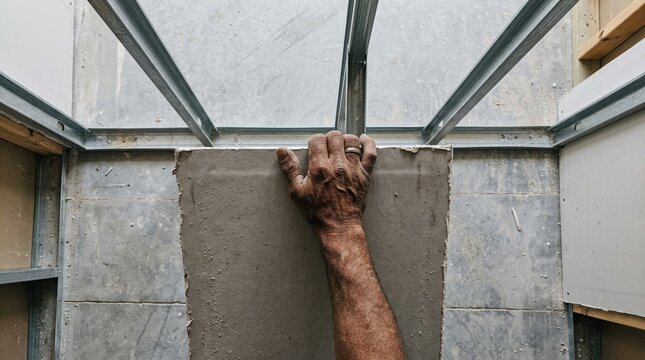 Close up of an elderly man installing drywall panel on metal stud frame during home renovation construction project