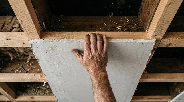 Senior male construction worker installing drywall panel on ceiling joists during home renovation project