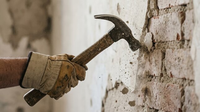 Construction worker using hammer to demolish old plaster wall for home renovation project
