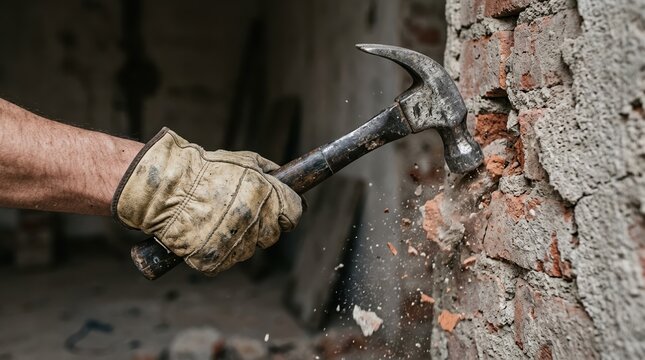 Construction worker hand in work glove using hammer to demolish old brick wall for renovation project