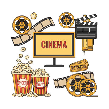 Movie theater entertainment set with film reels, cinema screen, popcorn, and movie tickets vector illustration