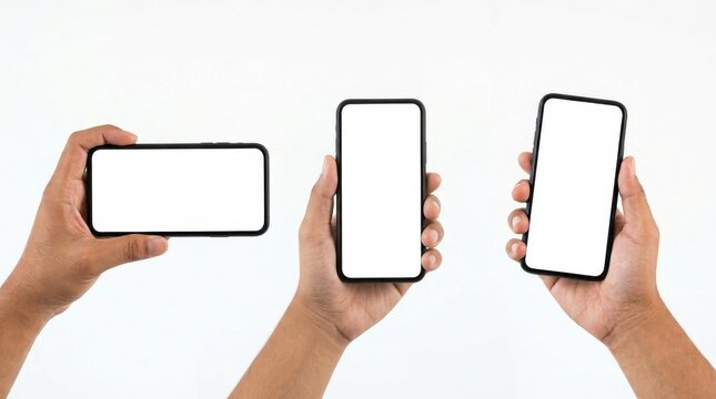 Hand holding smartphone iphone with blank screen for apple ios frameless design in two rotated perspective positions - isolated on white background - Clipping Path