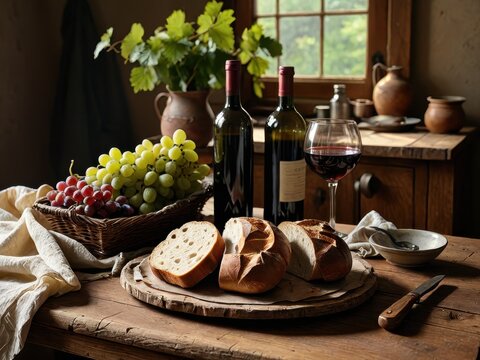 Vintage Communion Setting With Grapes, Loaf and Chalice, Generative AI