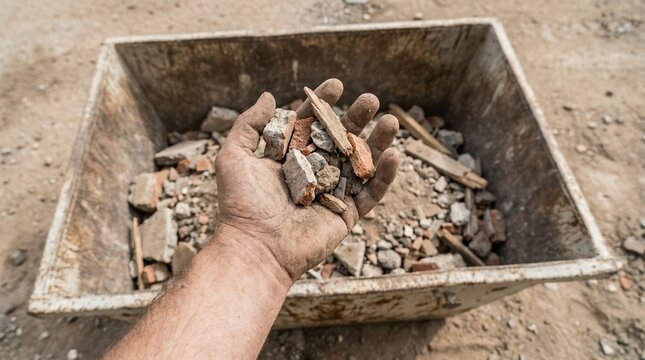 Dirty hand holding construction debris over a metal skip representing manual labor and building site waste management