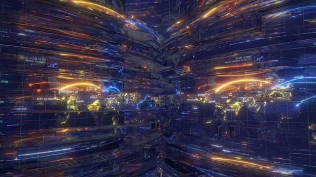 Broadcast World Map Background with Rotating Glass Blocks