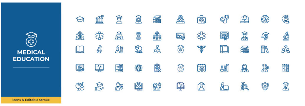 Comprehensive collection of medical education line icons with editable stroke design