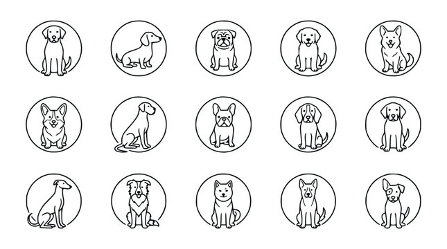 Dog Breed Icons: Collection of Outline Illustrations of Various Canine Companions