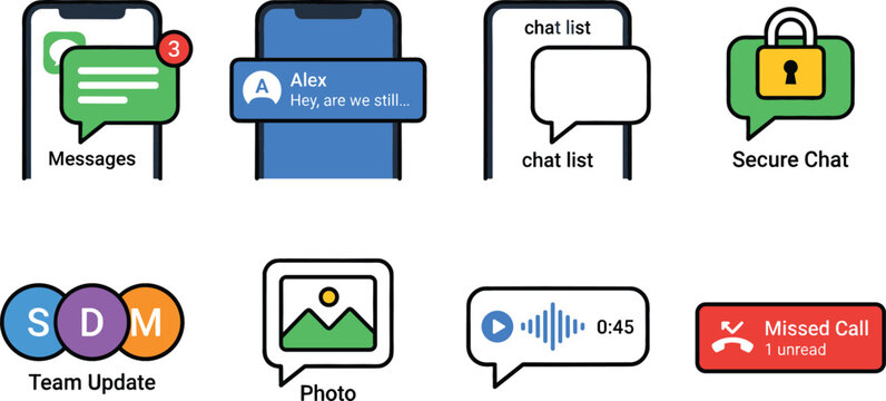 Mobile communication and messenger application icon set with chat notification speech bubble secure lock audio message missed call and team update vectors