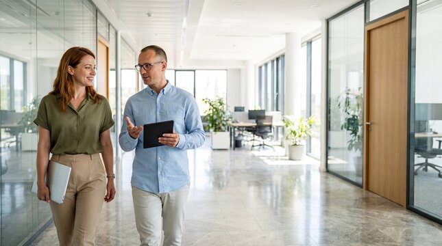 Two professionals walking and reviewing tablet documents in bright modern office corridor