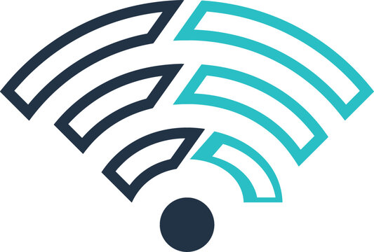 Abstract wifi signal line icon vector featuring a minimalist wireless network symbol divided into dark blue and bright teal curved geometric waves