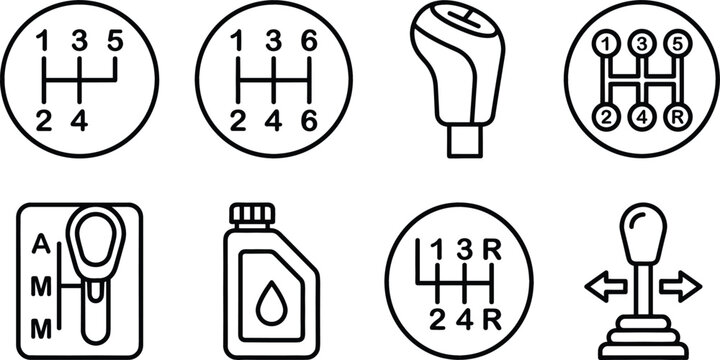 Car manual transmission shift pattern line icon set featuring gear stick knobs automatic shifter lever patterns and transmission oil bottle outline vectors