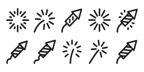 Fototapeta premium Collection of linear firework and celebration rocket vector icons for festive holiday decorations and events.