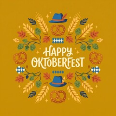 Fototapeta premium Flat Vector Illustration in Trendy Retro Boho Style with Pretzels and Happy Oktoberfest Greeting Text 