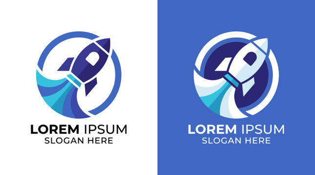 This image displays a modern rocket logo design featuring a sleek silhouette in dual colors, presenting a dynamic and innovative aesthetic, ideal for various branding purposes.