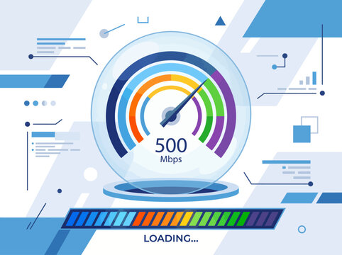 This dynamic image illustrates a high-speed internet speed test with a gauge showing 500 Mbps, highlighting the importance of connectivity and digital access in today's world.