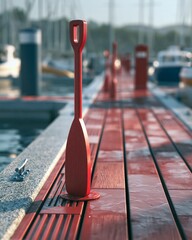 Fototapeta premium Red Queue Paddle Handle on Marina Dock for Boating Traffic Management