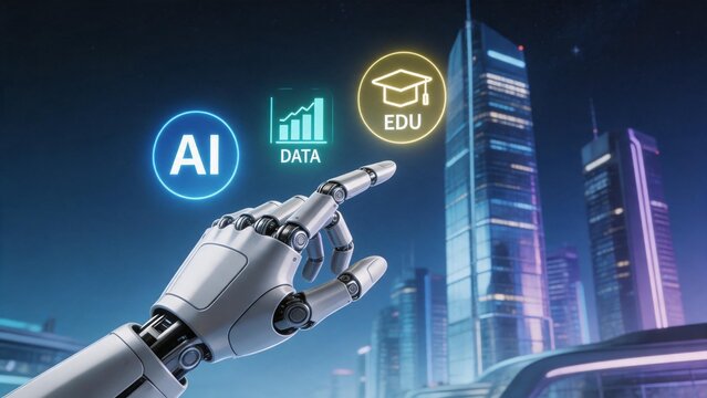 Robot hand with AI data and education icons