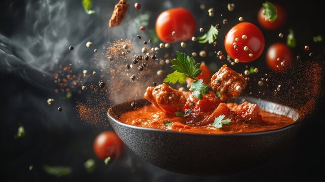 Tikka masala floating in the air, tomatoes and spices orbiting the plate. generative ai