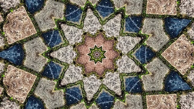 Kaleidoscopic cobblestone pavement forming abstract patterns