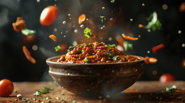 Tikka masala floating in the air, tomatoes and spices orbiting the plate. generative ai