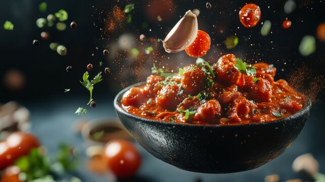Tikka masala floating in the air, tomatoes and spices orbiting the plate. generative ai