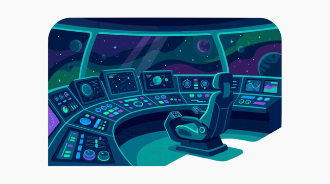 The interior of a futuristic spaceship bridge with advanced control panels, a pilot's seat, and a window showing a starry galaxy and planets.