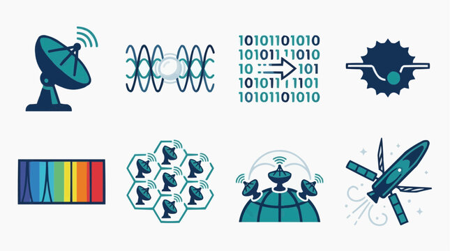 A collection of icons representing technology and data transfer, including satellite dishes, binary code, and a multi-tool rocket