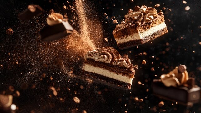 tiramisu floating in the air, coffee splashes, and cocoa powder particles generative ai