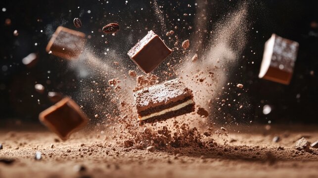 tiramisu floating in the air, coffee splashes, and cocoa powder particles generative ai