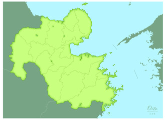 Fototapeta premium 立体感のある日本の大分県と周辺地域の地図。 A relief map of Oita Prefecture, Japan, and the surrounding area.