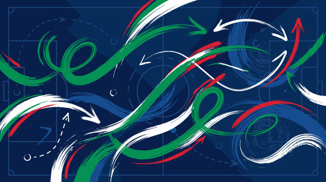 Abstract illustration of dynamic, colorful brushstroke arrows and lines overlaying a faint soccer field tactical diagram on a dark blue background.