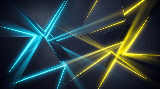 Abstract Futuristic Background with Glowing Blue and Yellow Neon Geometric Lines and 3D Shards