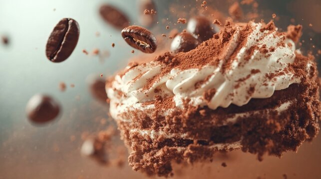 tiramisu floating in the air, coffee splashes, and cocoa powder particles generative ai