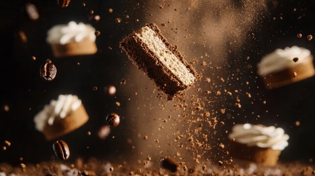 tiramisu floating in the air, coffee splashes, and cocoa powder particles generative ai