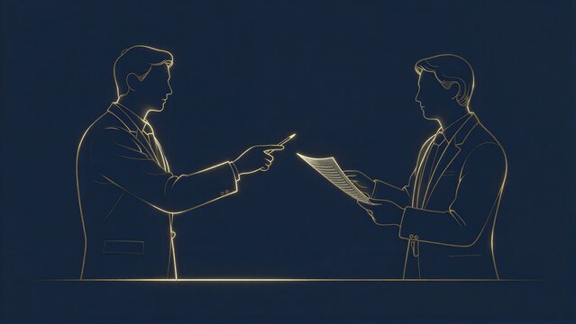Two businessmen in suits exchange documents, one pointing accusingly with a pen.