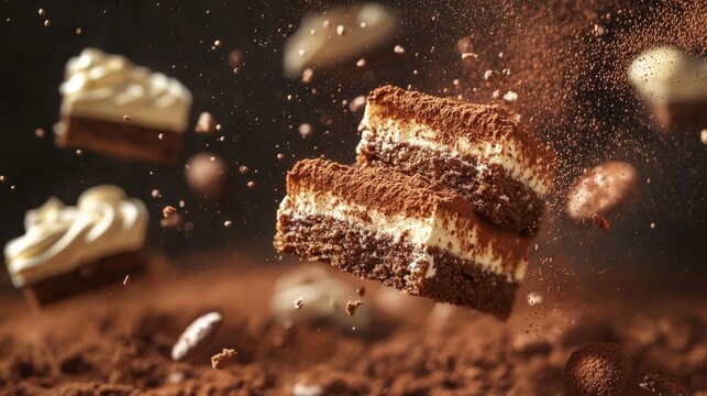 tiramisu floating in the air, coffee splashes, and cocoa powder particles generative ai