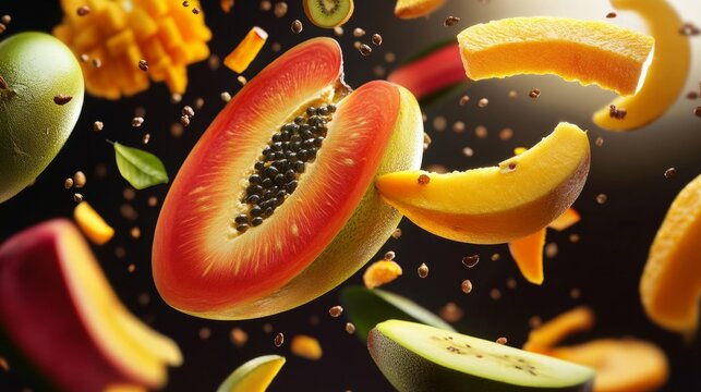 Colombian tropical fruits floating in the air, vibrant slices generative ai