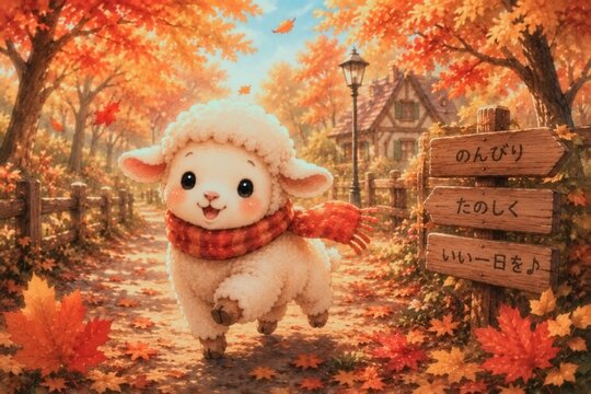 紅葉の小道を元気にかける羊｜秋の絵本風ファンタジーイラスト