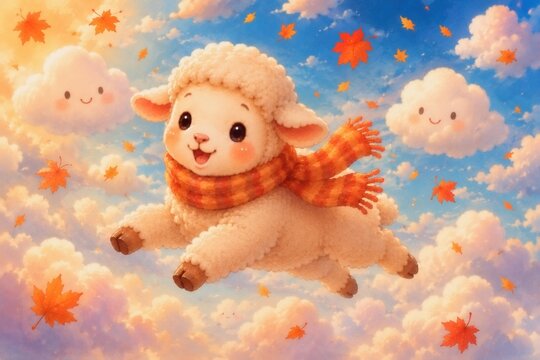 秋空を飛ぶ可愛い羊｜笑顔の雲と紅葉のメルヘンイラスト
