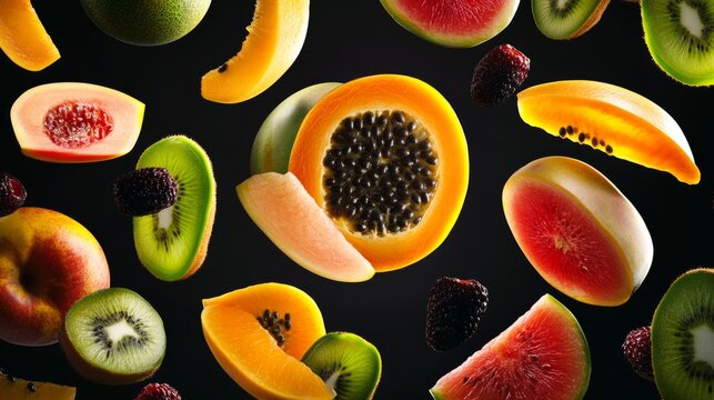 Colombian tropical fruits floating in the air, vibrant slices generative ai