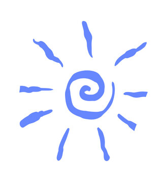 Whimsical sun icon blue ink line sketch. Isolated italian summer element with sun ink line. Icon for travel and vacation design on blue background.