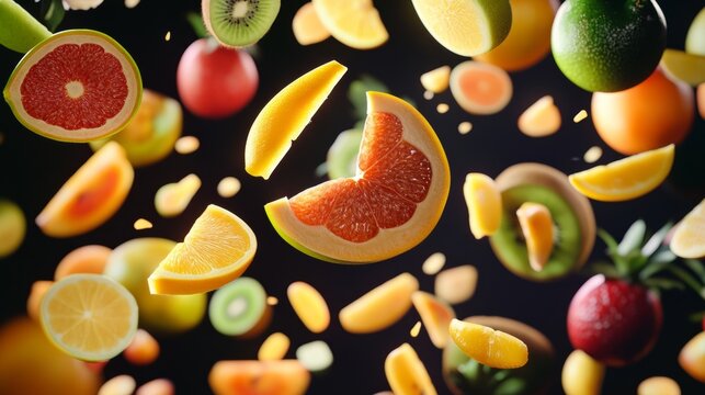 Colombian tropical fruits floating in the air, vibrant slices generative ai