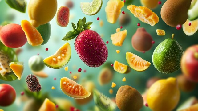 Colombian tropical fruits floating in the air, vibrant slices generative ai
